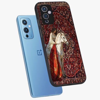 Royal Rider Tapestry Glass Case displayed in angled mockup highlighting traditional tapestry design with royal heritage aesthetic.