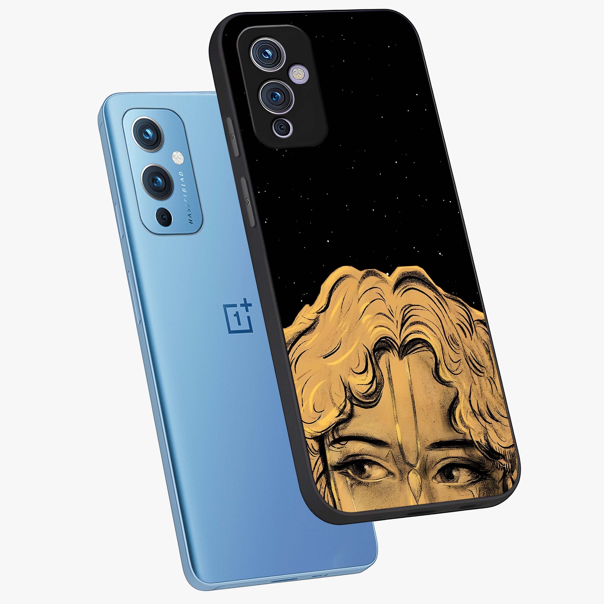 Shri Krishna Art Glass Case displayed in angled mockup highlighting spiritual Krishna illustration with divine aesthetic.
