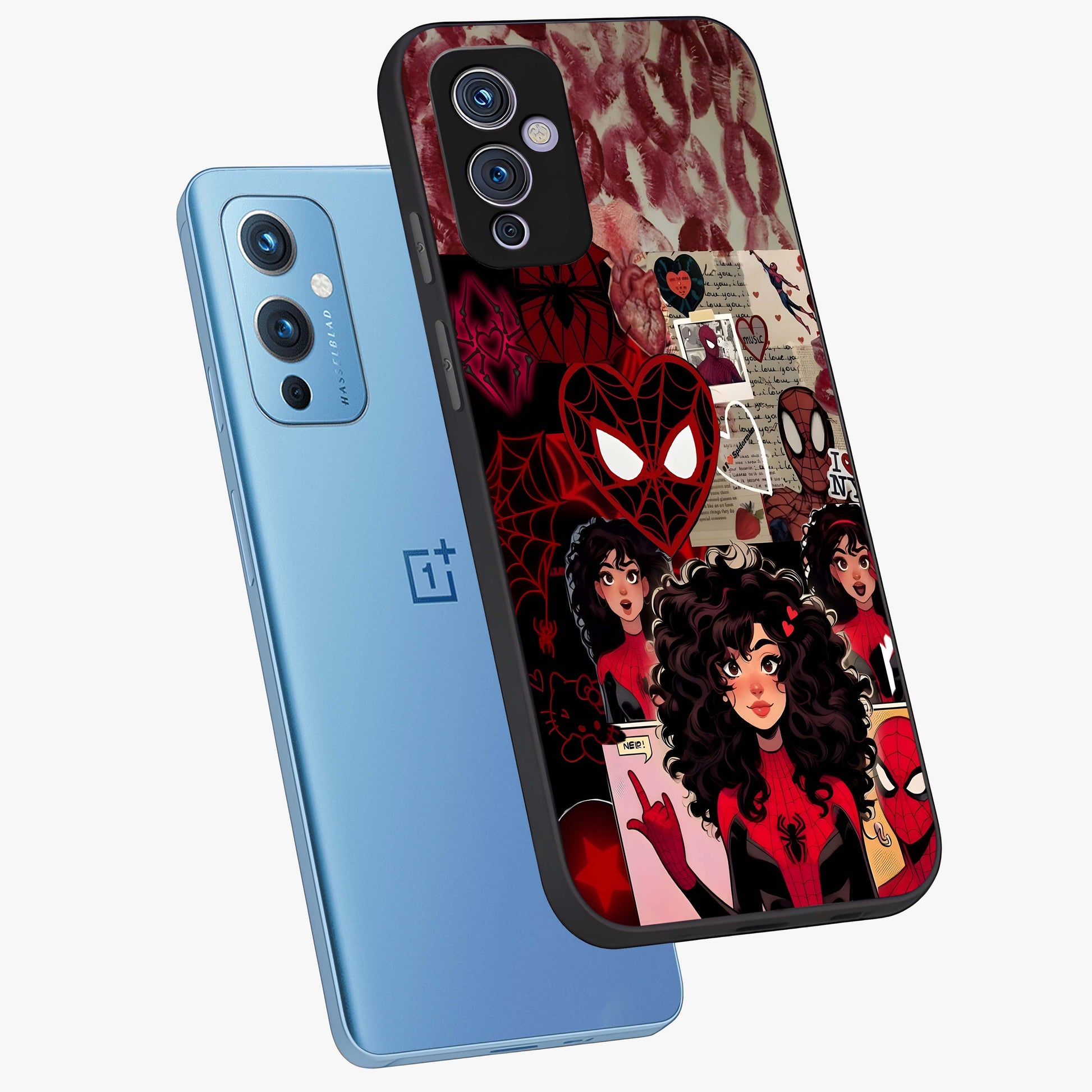 Spider Love Story Glass Case displayed in angled mockup highlighting expressive comic inspired design with playful aesthetic.