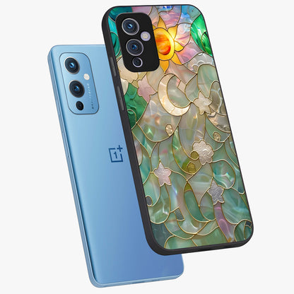 Stained Sunrise Glow Glass Case displayed in angled mockup highlighting radiant sunrise design with artistic aesthetic style.