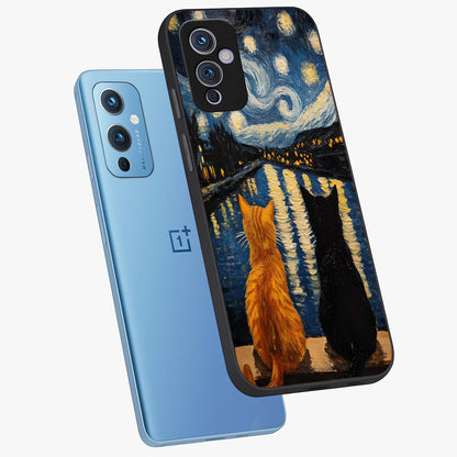 Starry River Cats Glass Case displayed in angled mockup highlighting charming feline illustration with dreamy night aesthetic.