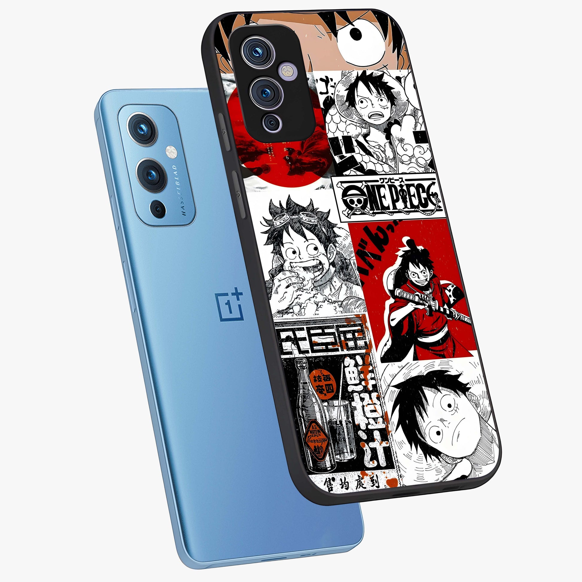 Strawhat Chaos Panels Glass Case displayed in angled mockup highlighting vibrant anime collage design with action aesthetic.