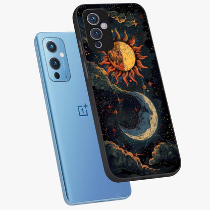 Sun And Moon Magic Design Glass Case displayed in angled mockup highlighting celestial design with magical cosmic aesthetic.