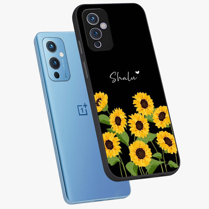 Sunflower Chic Mood Custom Name Glass Case displayed in angled mockup highlighting vibrant sunflower design with custom name feature.