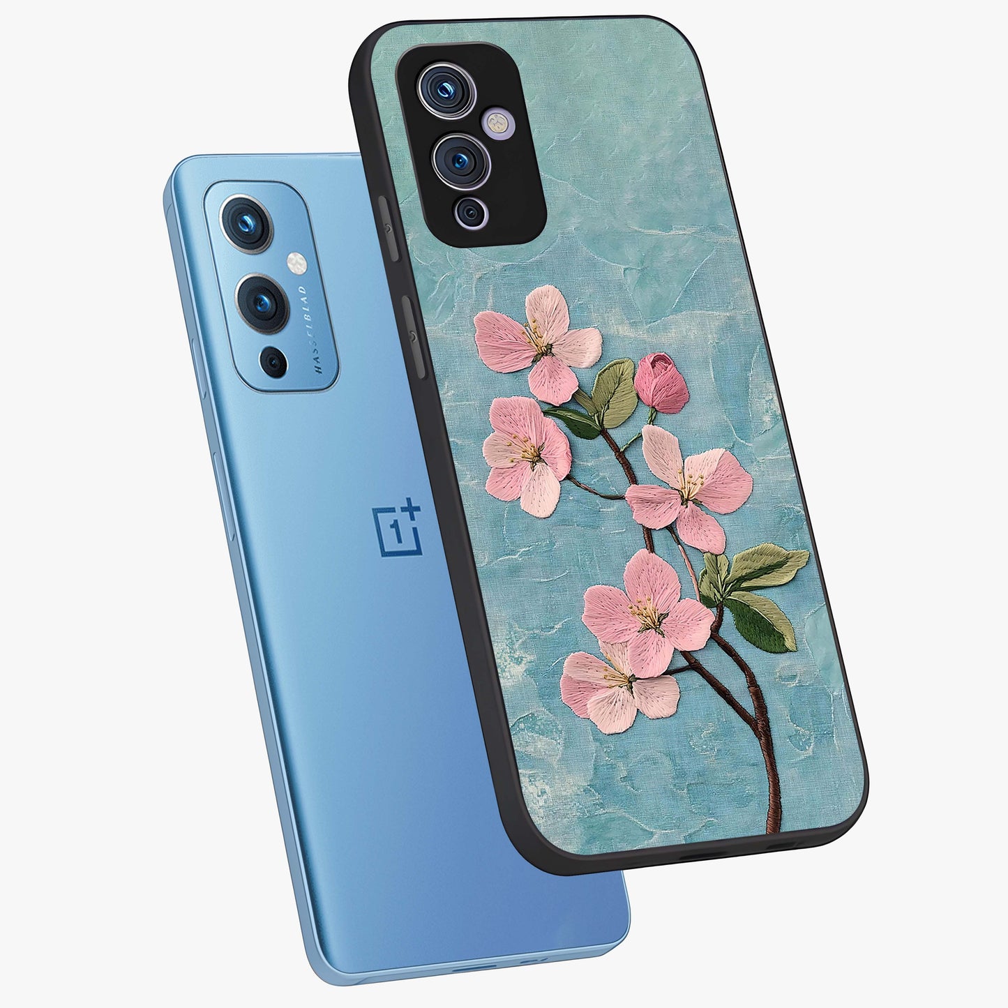 Threaded Blossom Breeze Glass Case displayed in angled mockup highlighting elegant floral design with soft aesthetic style.