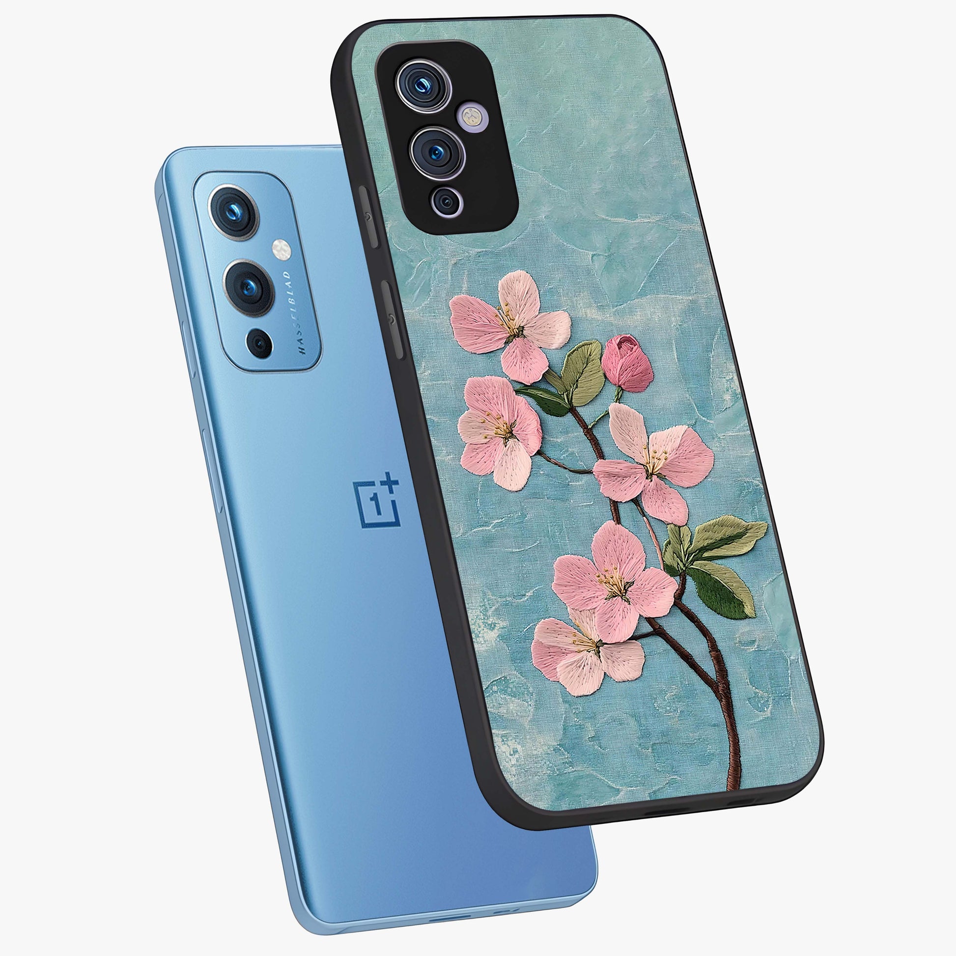 Threaded Blossom Breeze Glass Case displayed in angled mockup highlighting elegant floral design with soft aesthetic style.