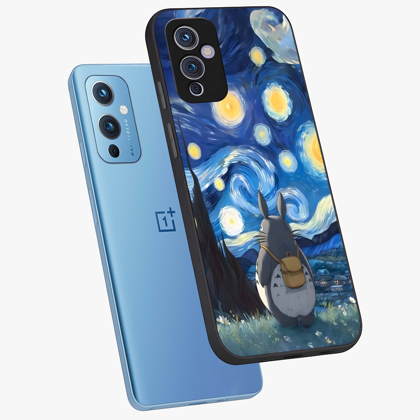 Totoro In Van Gogh Art Glass Case displayed in angled mockup highlighting artistic swirling sky design with playful animation aesthetic.