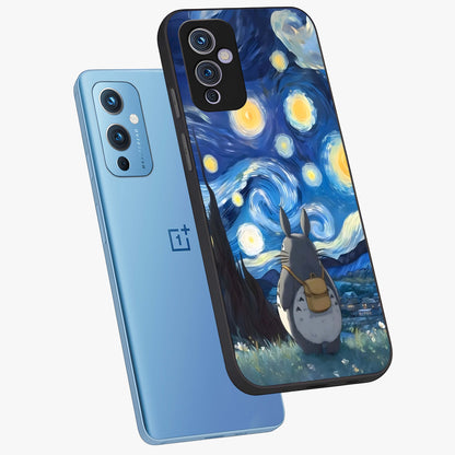Totoro In Van Gogh Art Glass Case displayed in angled mockup highlighting artistic swirling sky design with playful animation aesthetic.