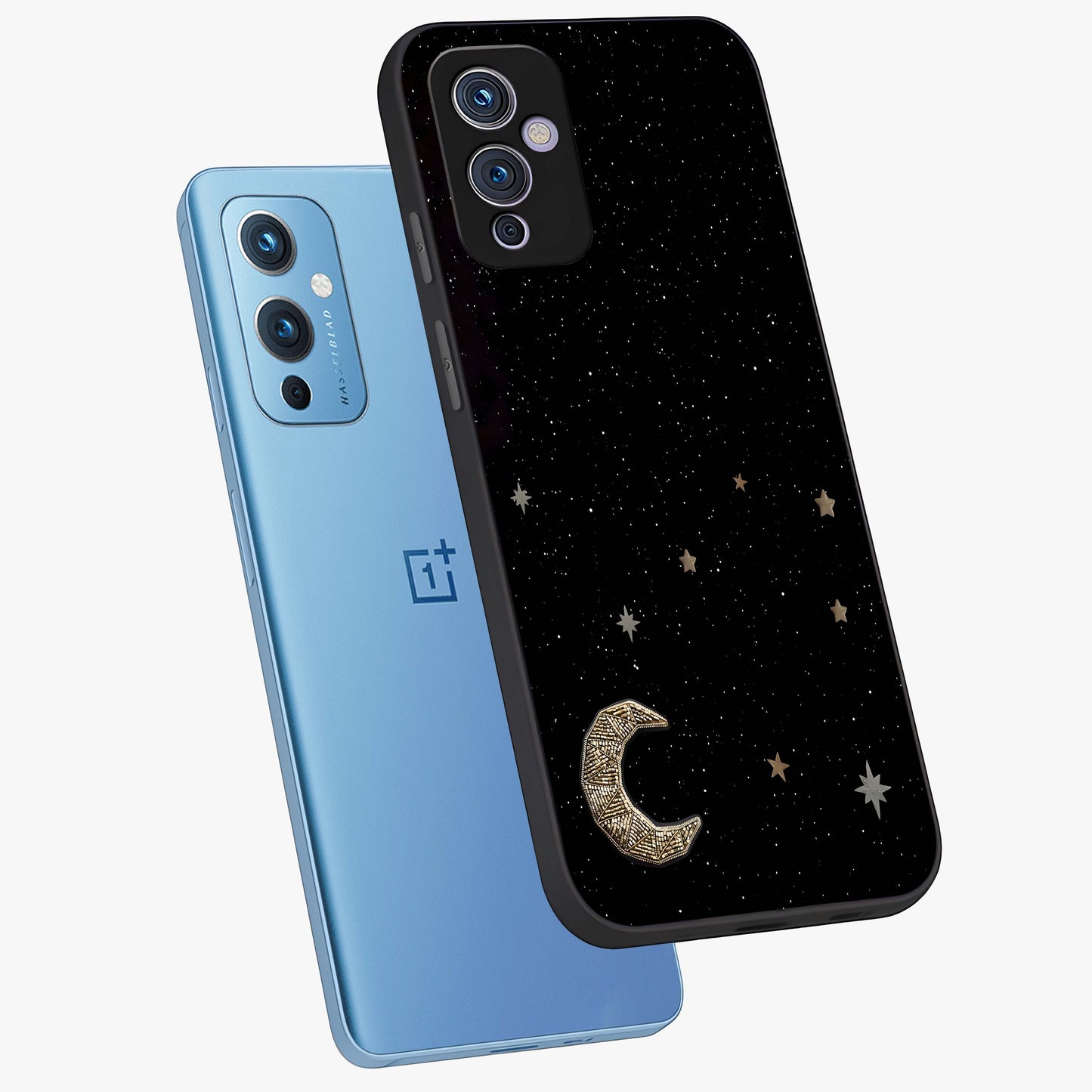 Twinkle Star With Half Moon Glass Case displayed in angled mockup highlighting celestial moon and star design with magical aesthetic.