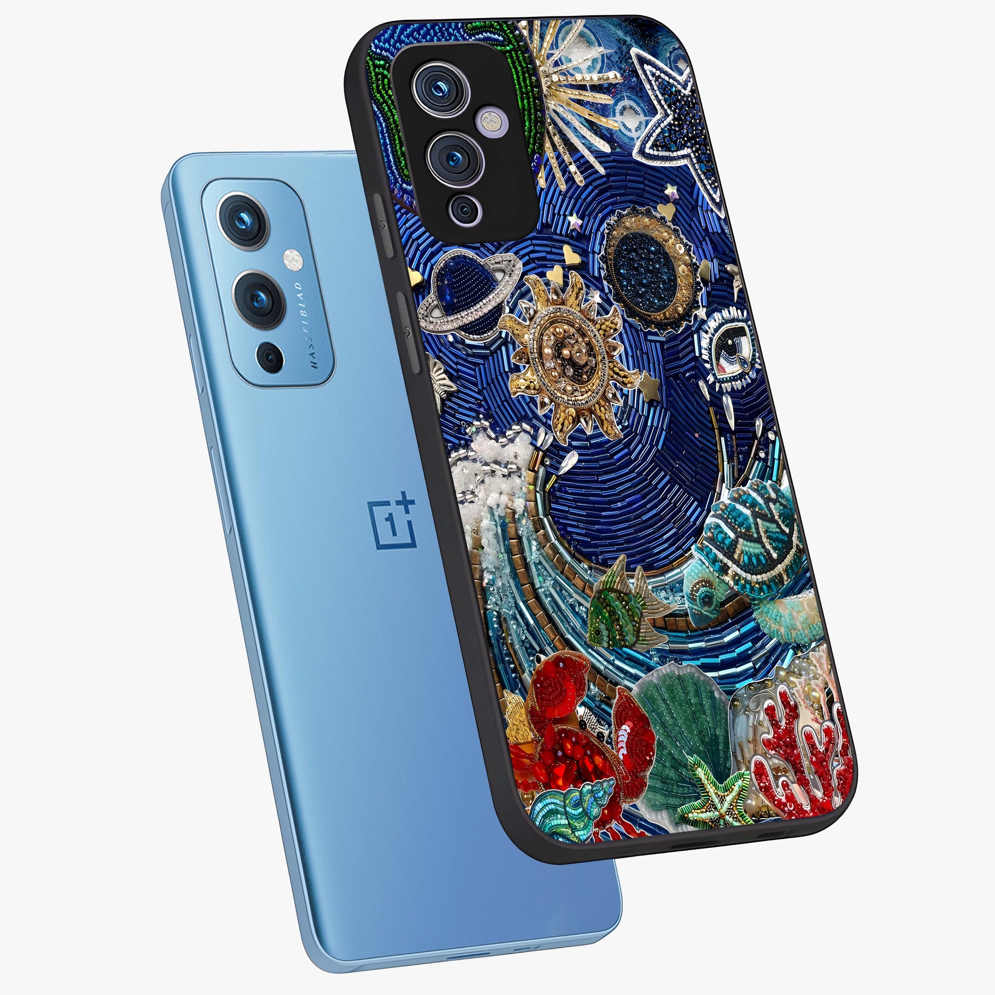Universe Underwater Spark Glass Case displayed in angled mockup highlighting glowing aquatic design with celestial aesthetic.