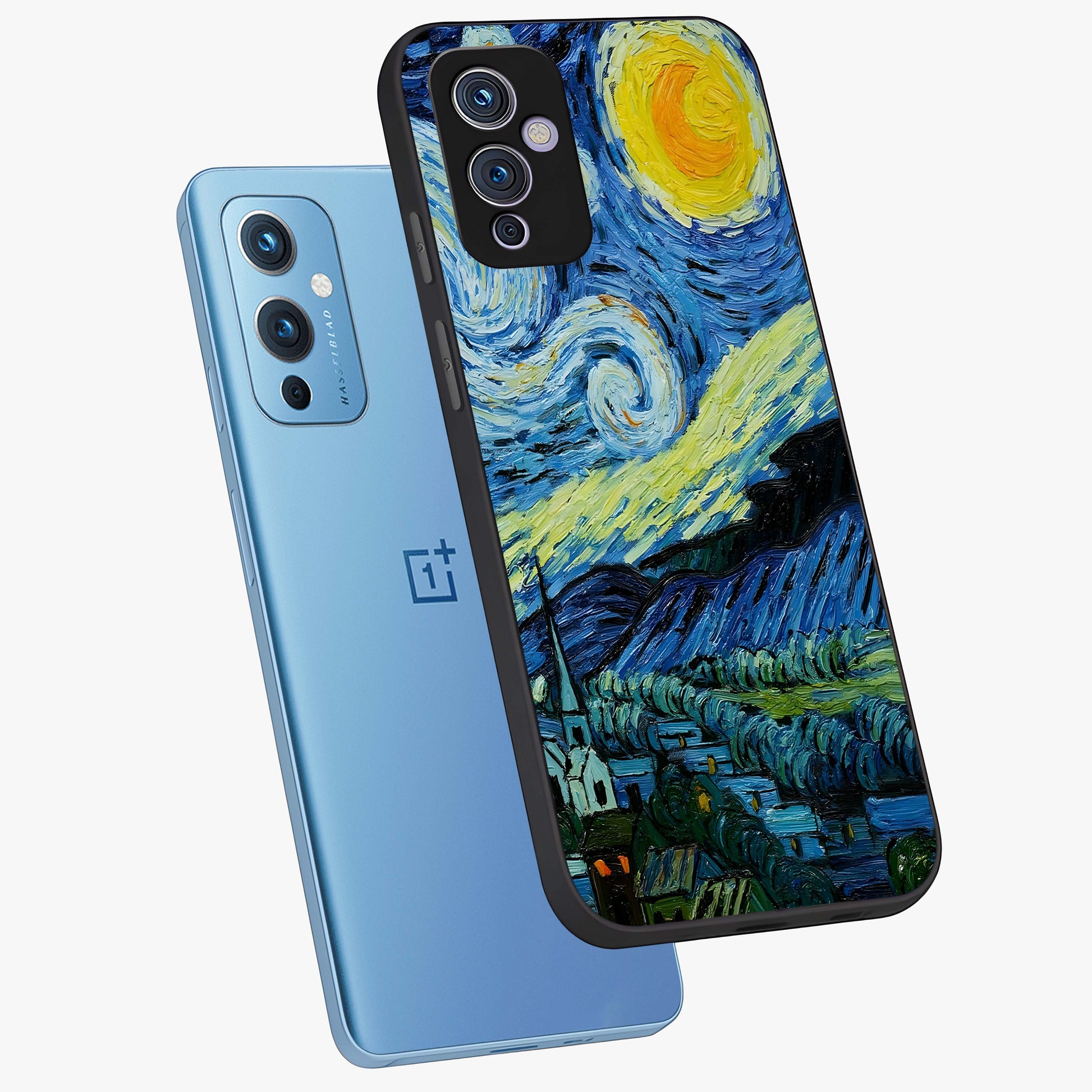 Van Gogh Art Glass Case displayed in angled mockup highlighting swirling brushstroke design with artistic aesthetic.