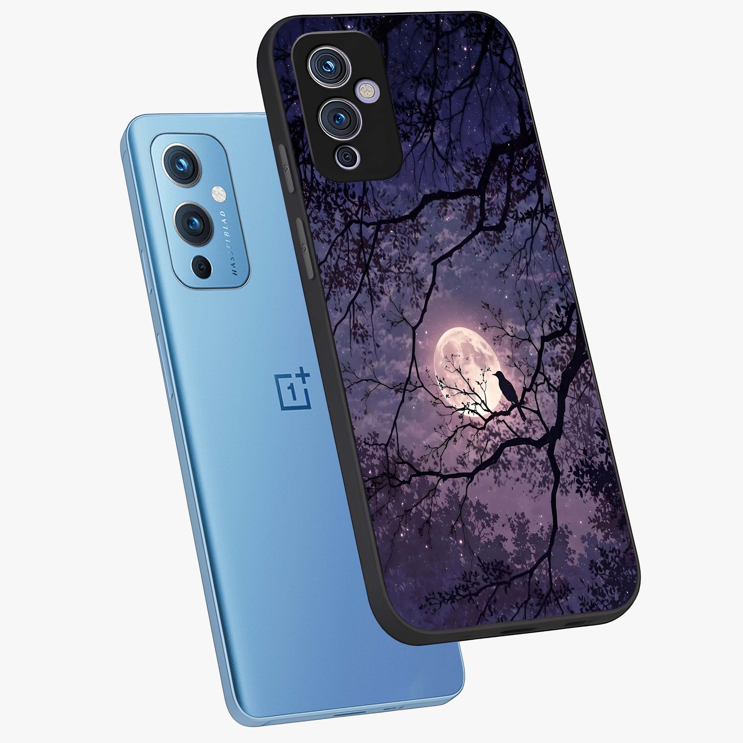 Whispering Moon Silence Glass Case displayed in angled mockup highlighting calm lunar design with dreamy night aesthetic.