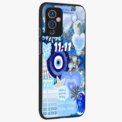 Aesthetic Be Kind Eye Glass Case upright view showcasing stylish eye illustration with positive message theme.