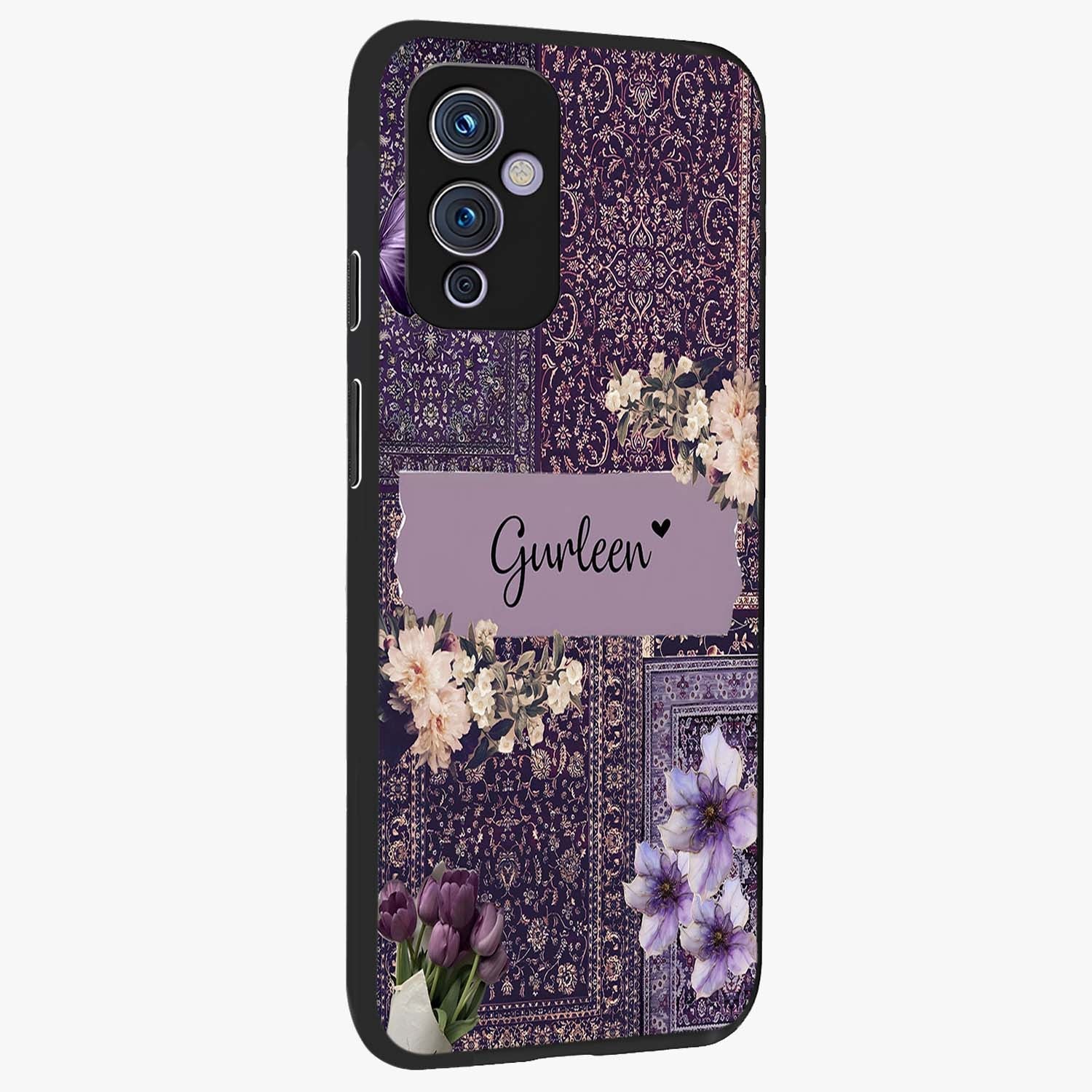 Antique Floral Whisper Custom Name Glass Case upright view showcasing delicate floral artwork with custom name feature.
