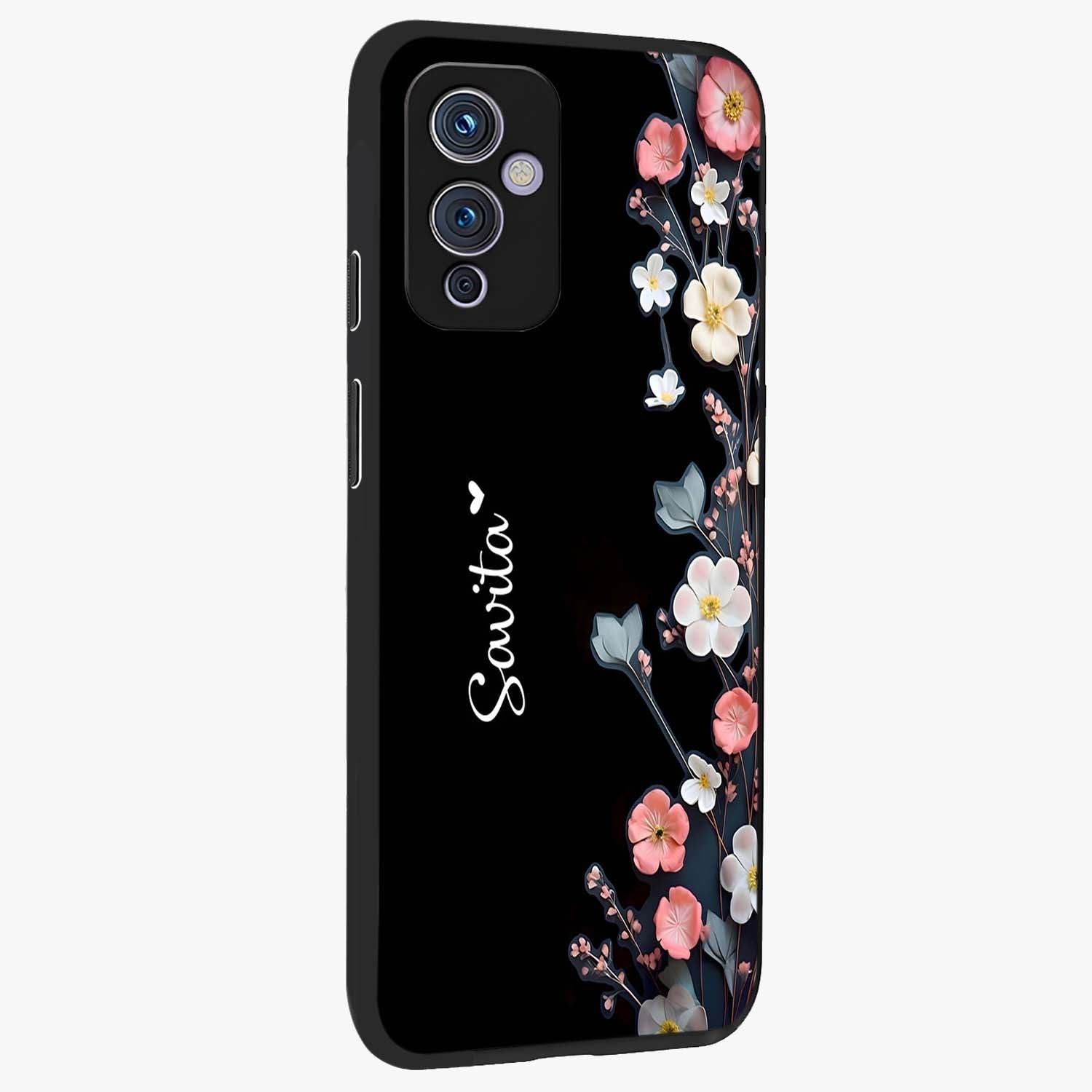 Black Elegance Floral Custom Name Glass Case upright view showcasing luxurious black floral design with personalized name detail.