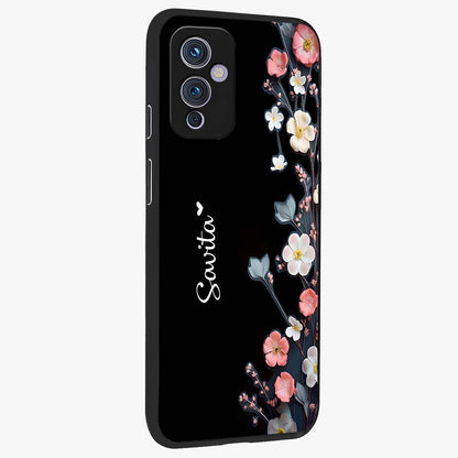 Black Elegance Floral Custom Name Glass Case upright view showcasing luxurious black floral design with personalized name detail.