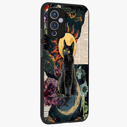 Celestial Black Cat Glass Case upright view showcasing magical black cat illustration with starry cosmic theme.