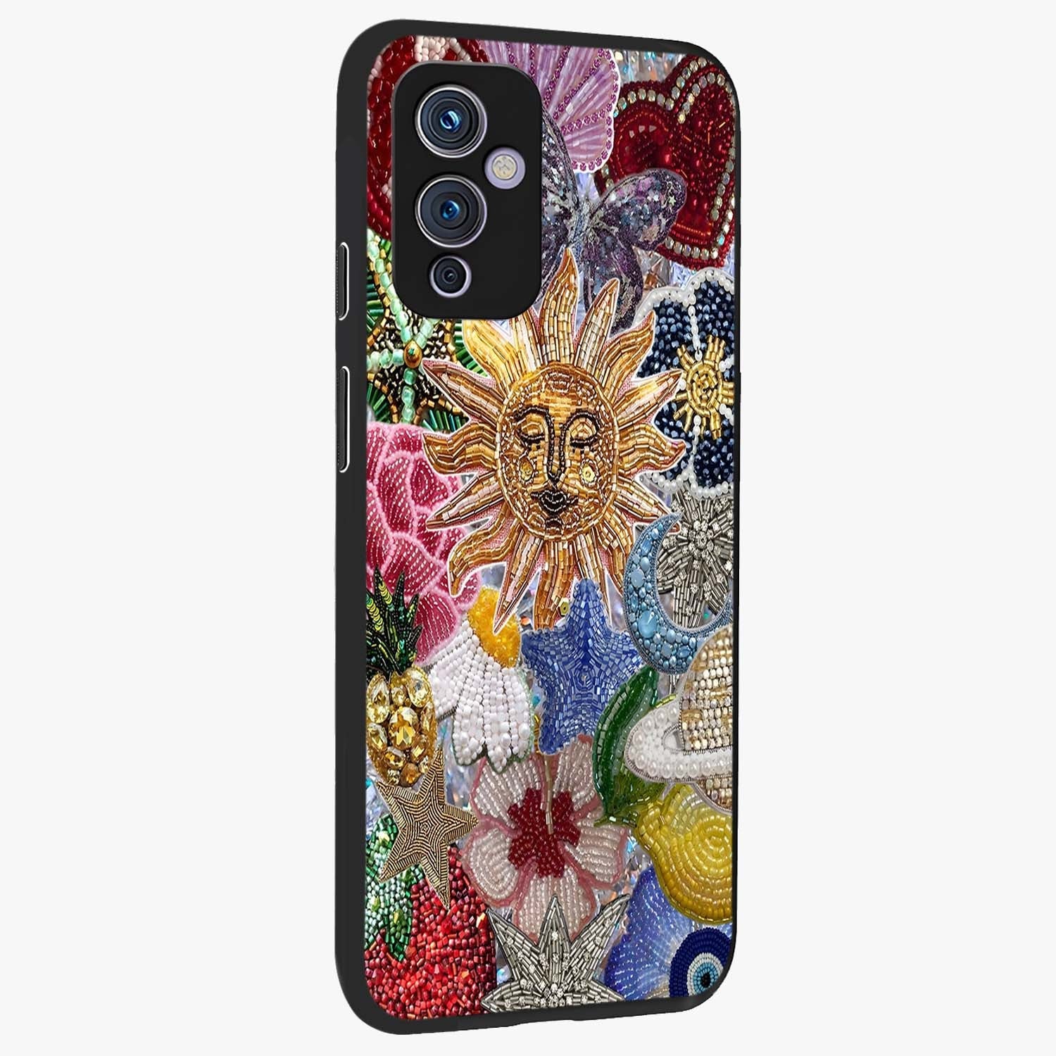 Celestial Floral and Playful Glass Case upright view showcasing whimsical floral artwork with cosmic aesthetic theme.