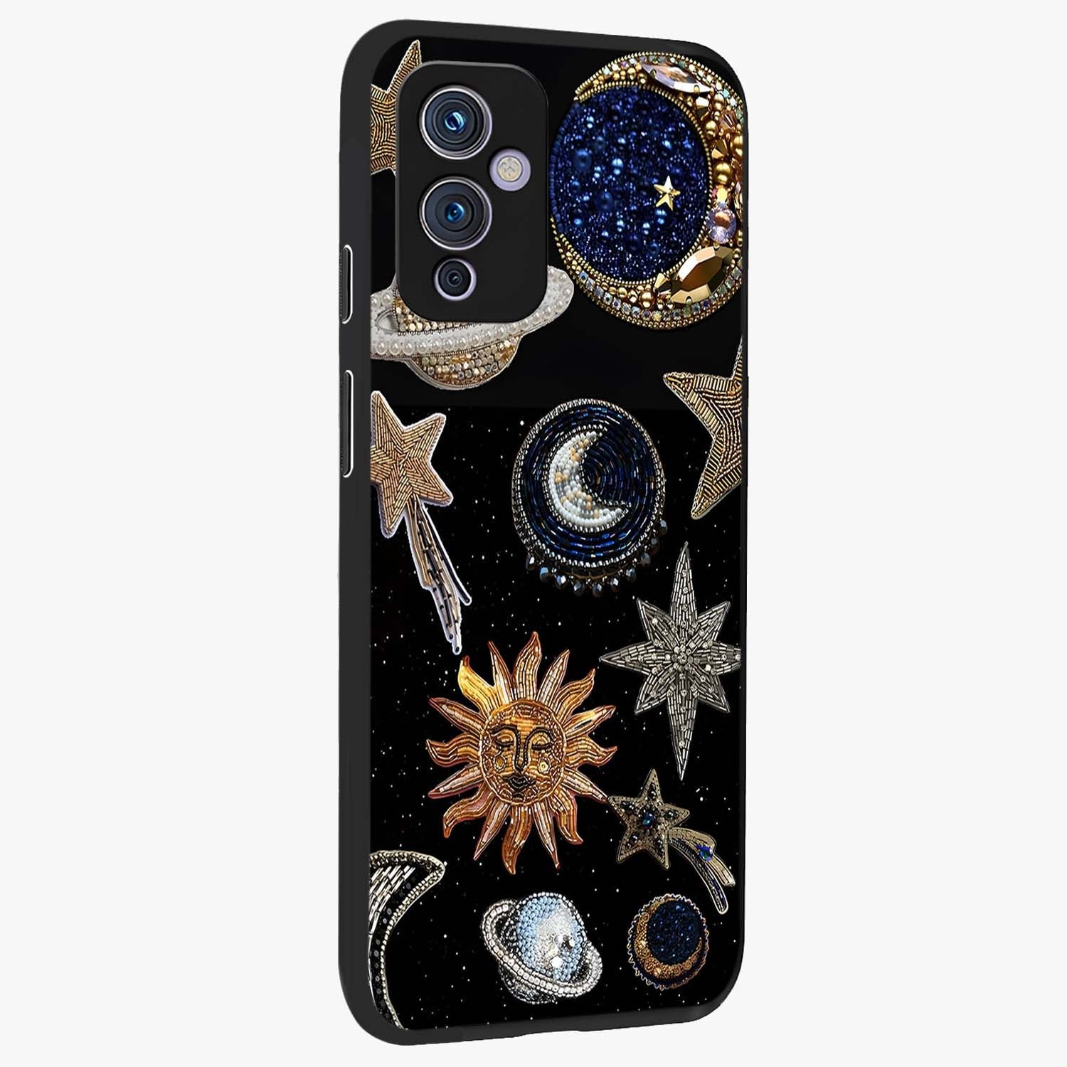 Celestial Gem Constellations Glass Case upright view showcasing cosmic constellation artwork with celestial aesthetic style.