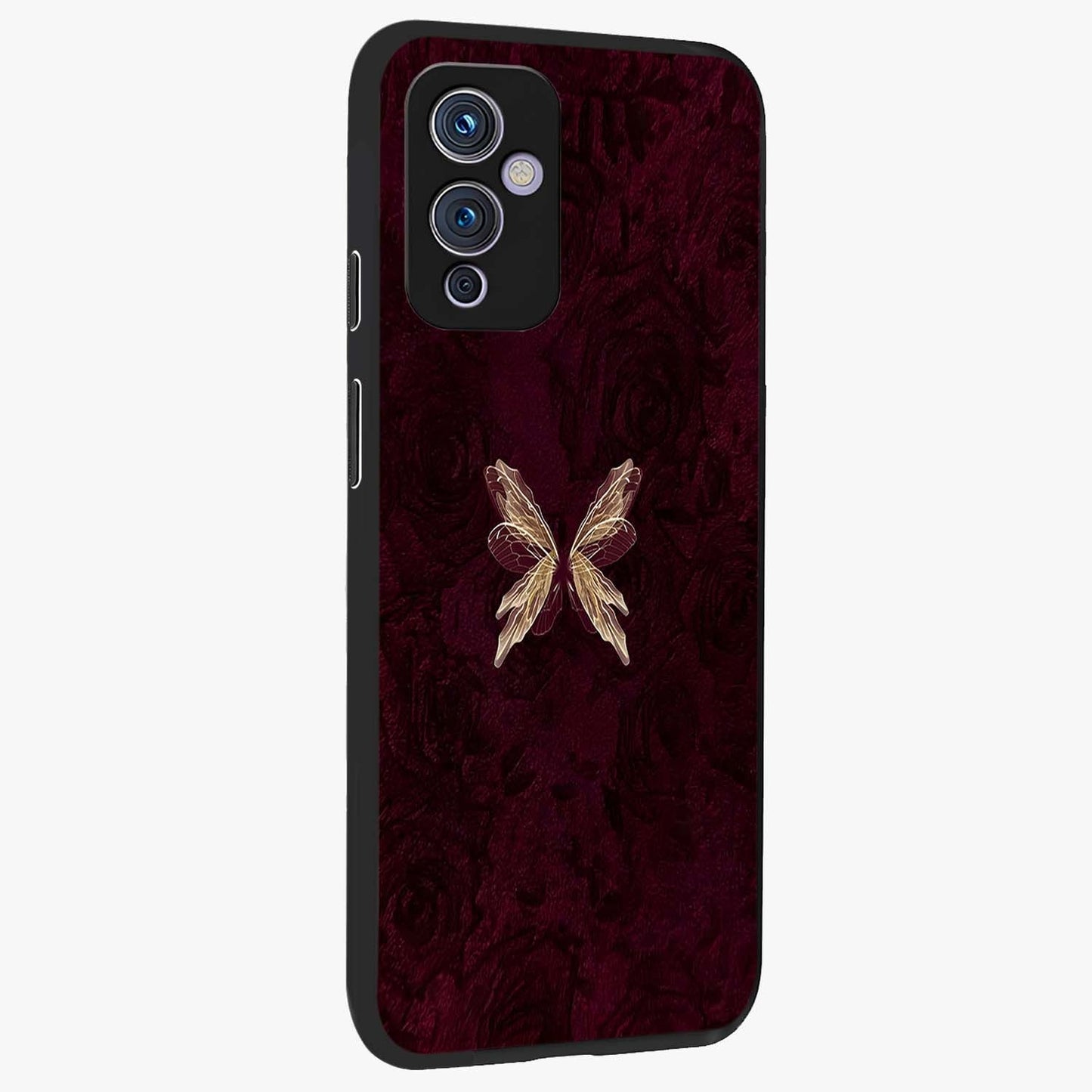 Crimson Fade Butterfly Glass Case upright view showcasing graceful butterfly artwork with soft crimson fade effect.