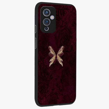 Crimson Fade Butterfly Glass Case upright view showcasing graceful butterfly artwork with soft crimson fade effect.