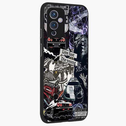 Die Young Glass Case upright view showcasing striking typography artwork with modern statement theme.