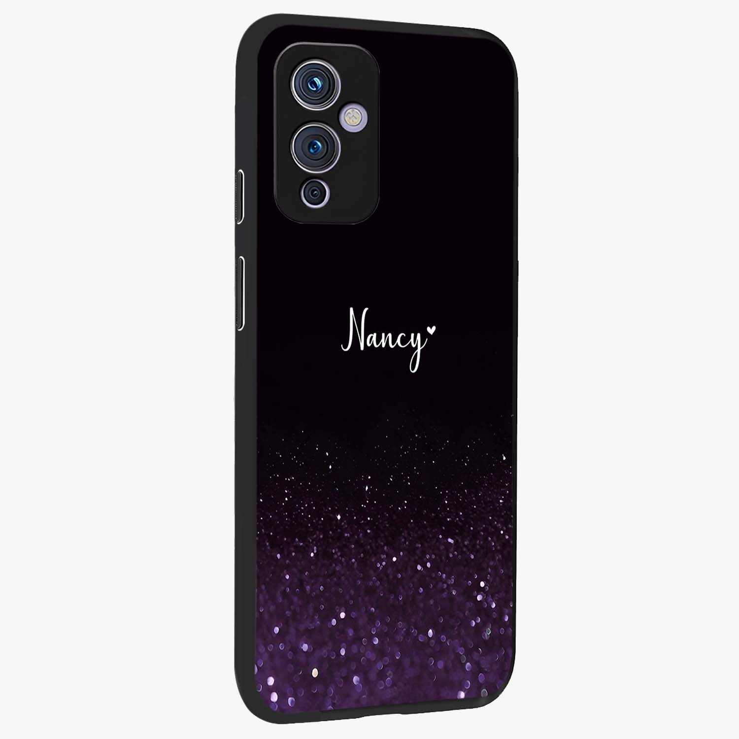 Glittery Purple Bokeh Custom Name Glass Case upright view showcasing vibrant purple sparkle artwork with personalized aesthetic style.