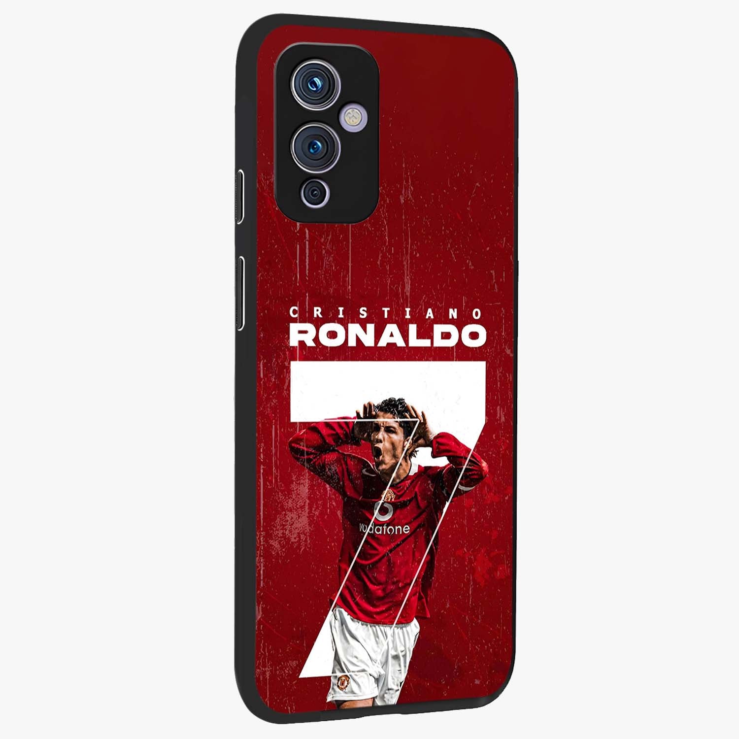 Goal Celebration Legacy Glass Case upright view showcasing dynamic football inspired artwork with victory celebration aesthetic.