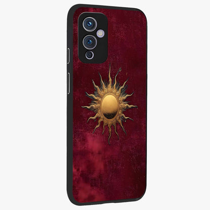 Golden Sun Minimalism Glass Case upright view showcasing simple golden sun artwork with elegant minimalist style.