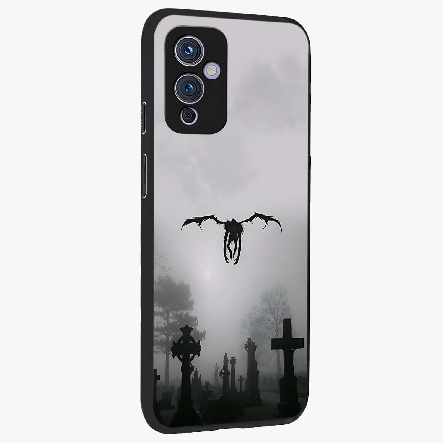 Graveyard Shadow Descent Glass Case upright view showcasing haunting graveyard artwork with dramatic dark theme.