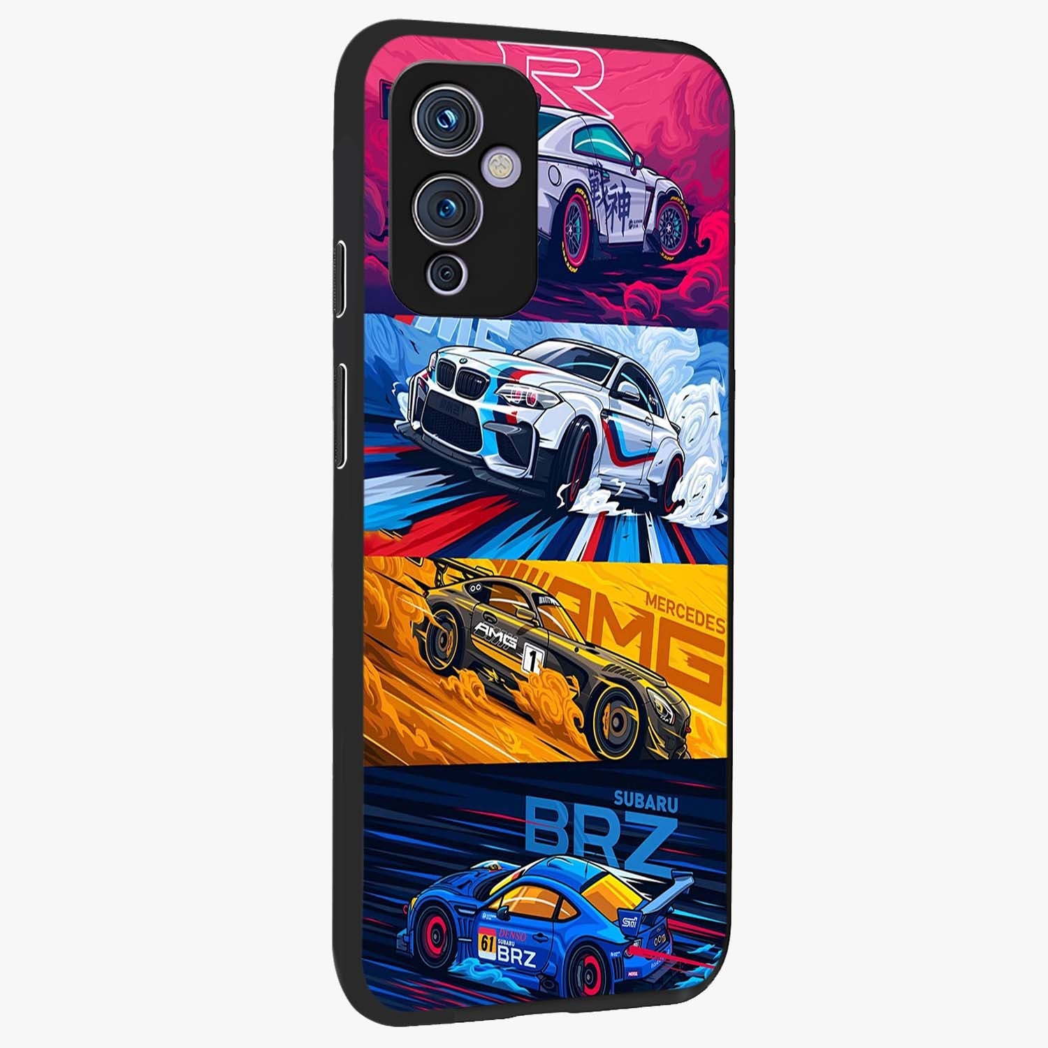 JDM Sports Car Glass Case upright view showcasing dynamic sports car artwork with bold racing theme.