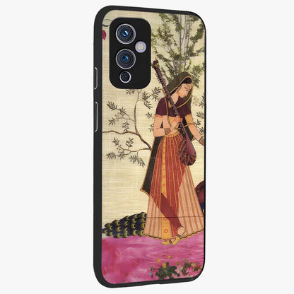 Lady With Veena Art Glass Case upright view showcasing classical veena artwork with traditional artistic theme.