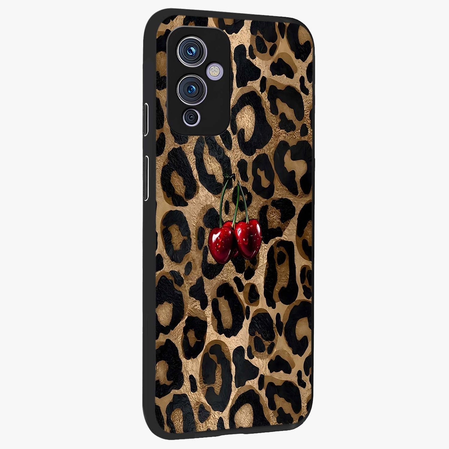Leopard Wild Cherry Glass Case upright view showcasing stylish leopard pattern artwork with trendy fashion theme.