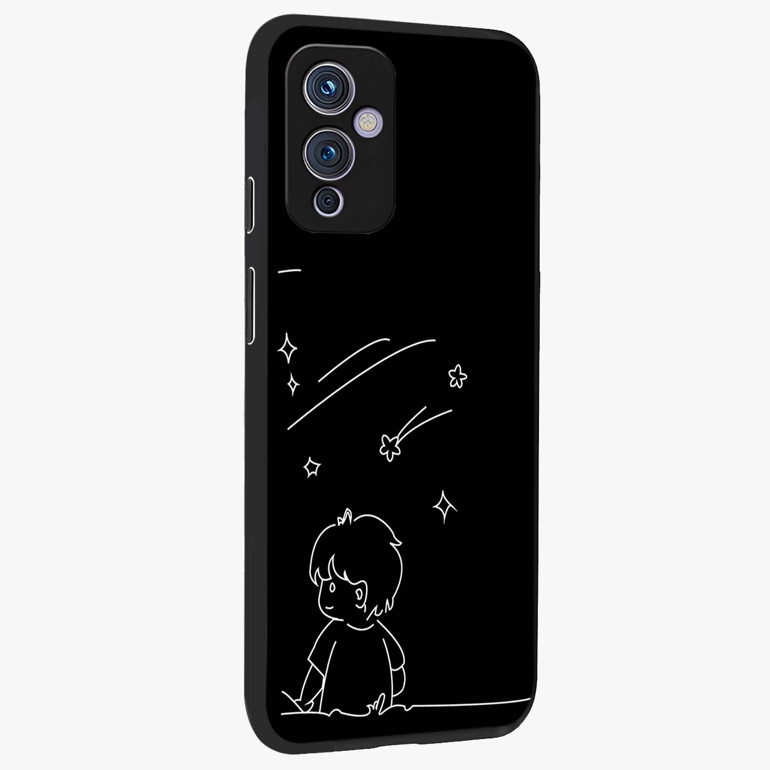 Line Art Boy With Shooting Stars Glass Case upright view showcasing artistic shooting star illustration with minimal style.