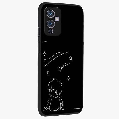 Line Art Boy With Shooting Stars Glass Case upright view showcasing artistic shooting star illustration with minimal style.
