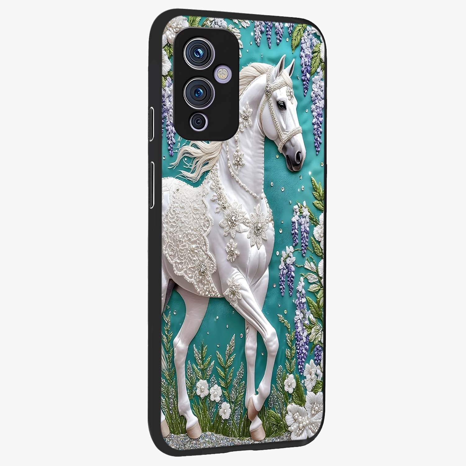 Majestic Floral Stallion Glass Case upright view showcasing dramatic horse artwork with decorative floral theme.