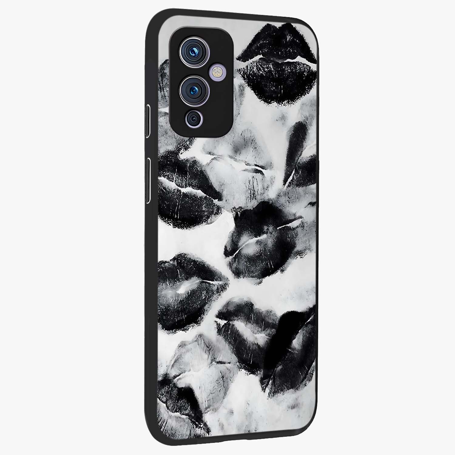 Midnight Kiss Marks Glass Case upright view showcasing stylish kiss mark artwork with trendy romantic theme.