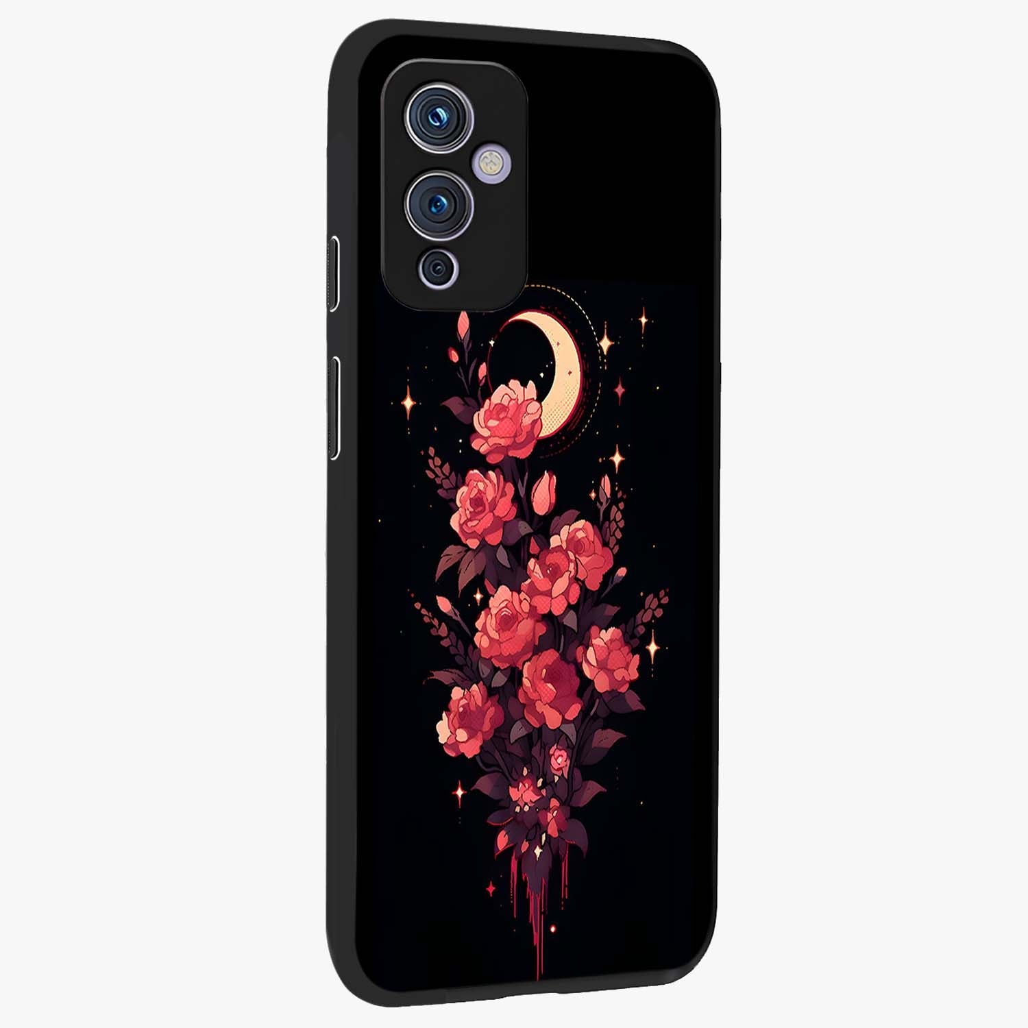 Moonlit Floral Elegance Glass Case upright view showcasing delicate floral artwork with refined night inspired theme.