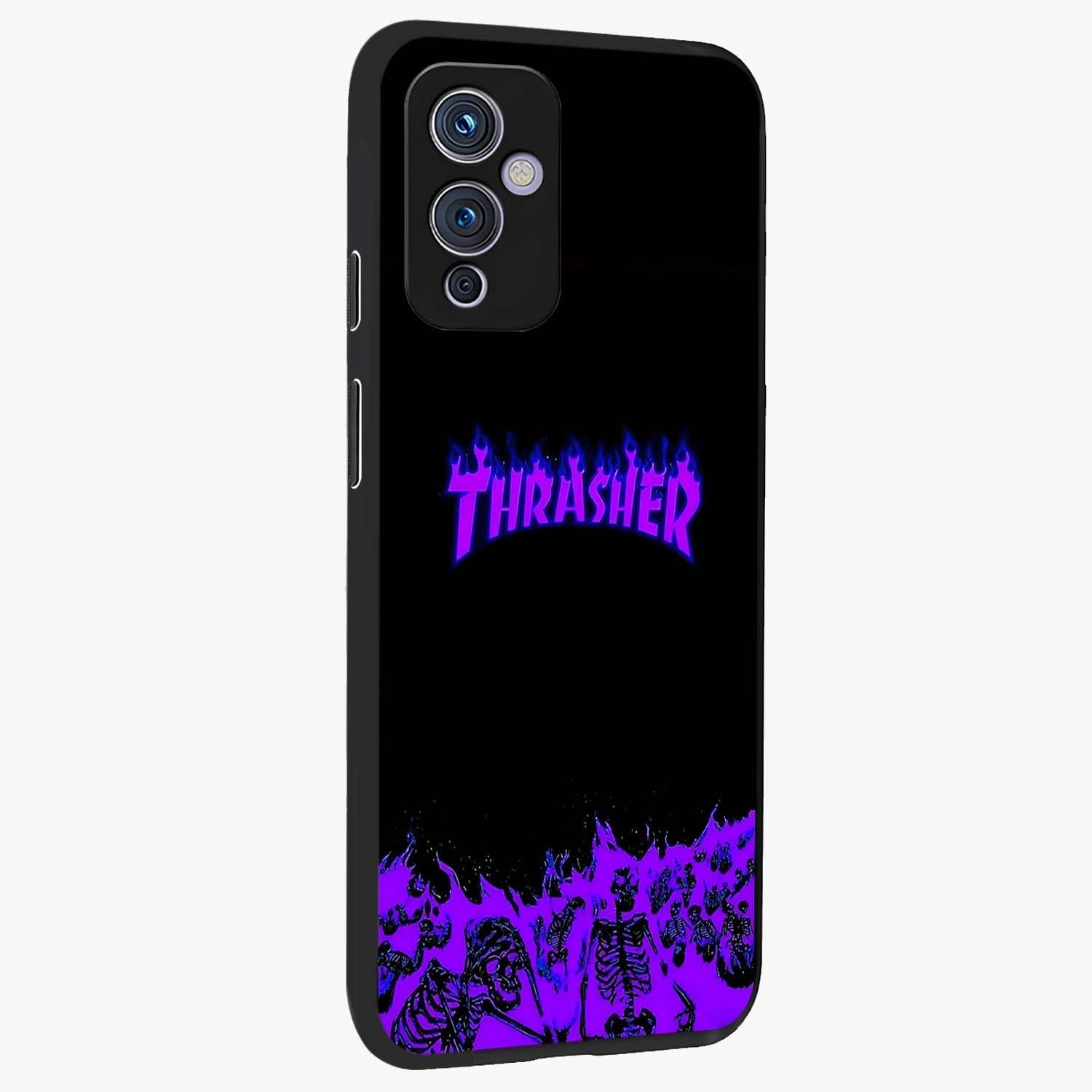 Neon Flame Riot Glass Case upright view showcasing dynamic flame artwork with energetic neon theme.