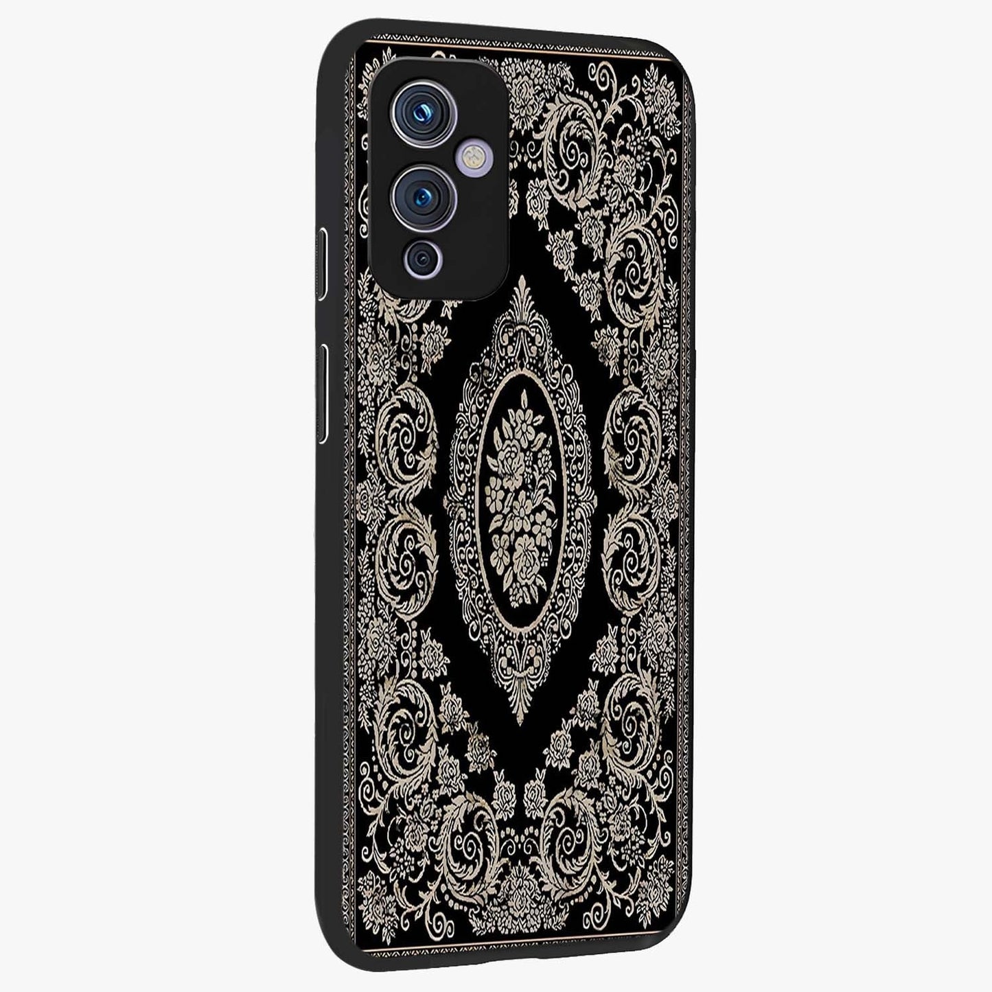 Noir Bloom Elegance Glass Case upright view showcasing graceful floral artwork with luxurious dark theme.