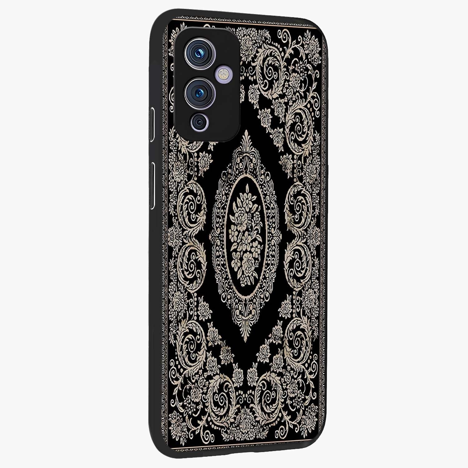 Noir Bloom Elegance Glass Case upright view showcasing graceful floral artwork with luxurious dark theme.