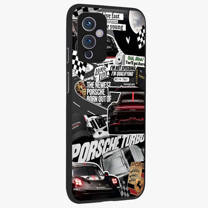 Porsche Racing Collage Glass Case upright view showcasing energetic car collage artwork with high speed racing theme.