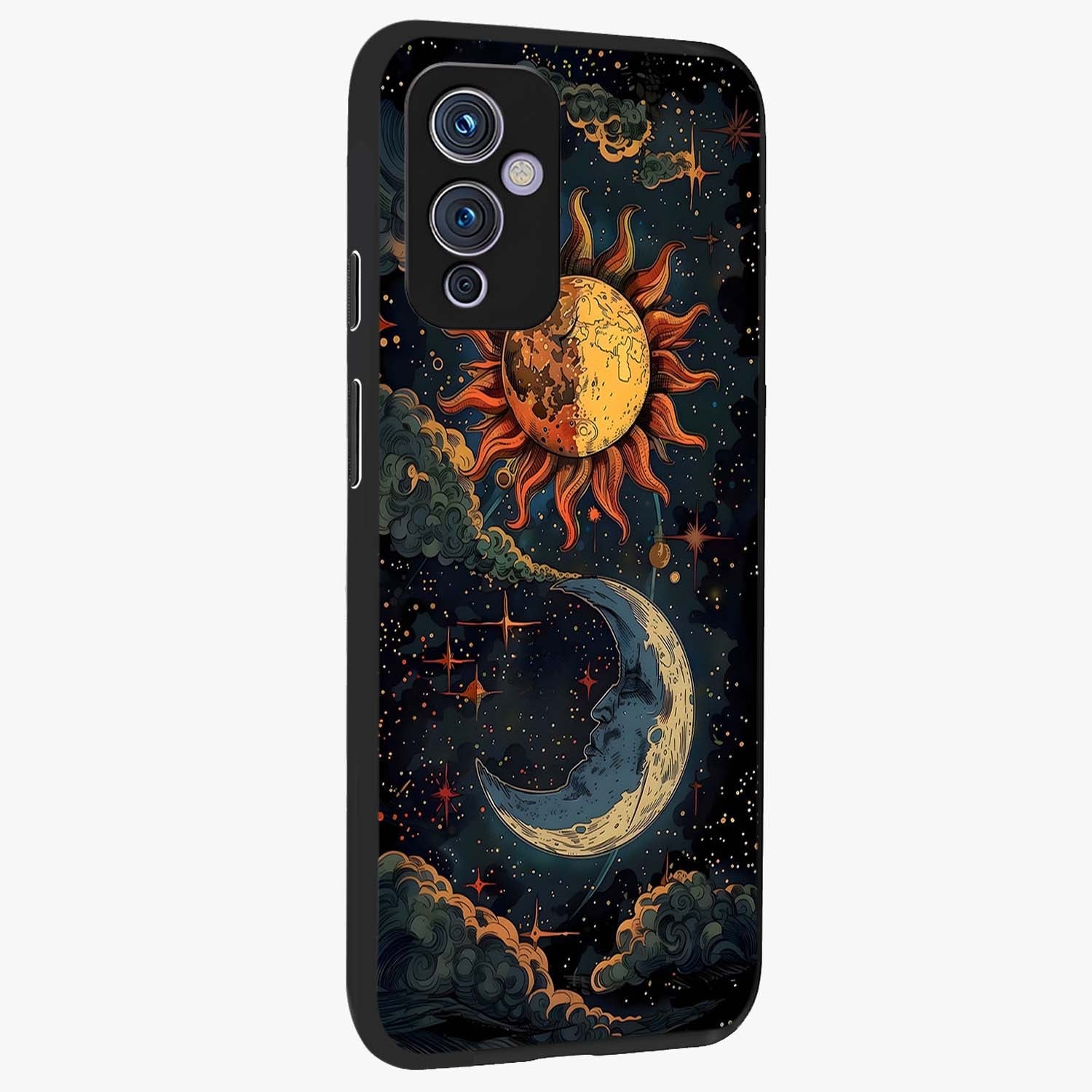 Sun And Moon Magic Design Glass Case upright view showcasing decorative sun and moon artwork with spiritual celestial theme.