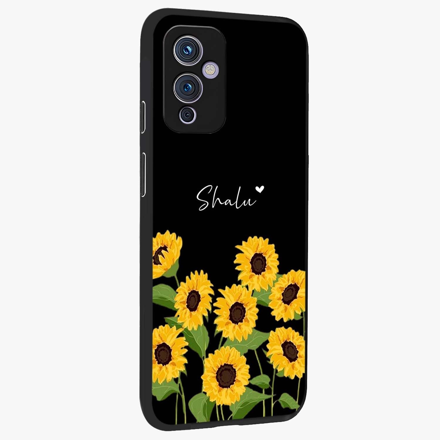 Sunflower Chic Mood Custom Name Glass Case upright view showcasing cheerful sunflower artwork with trendy floral theme.