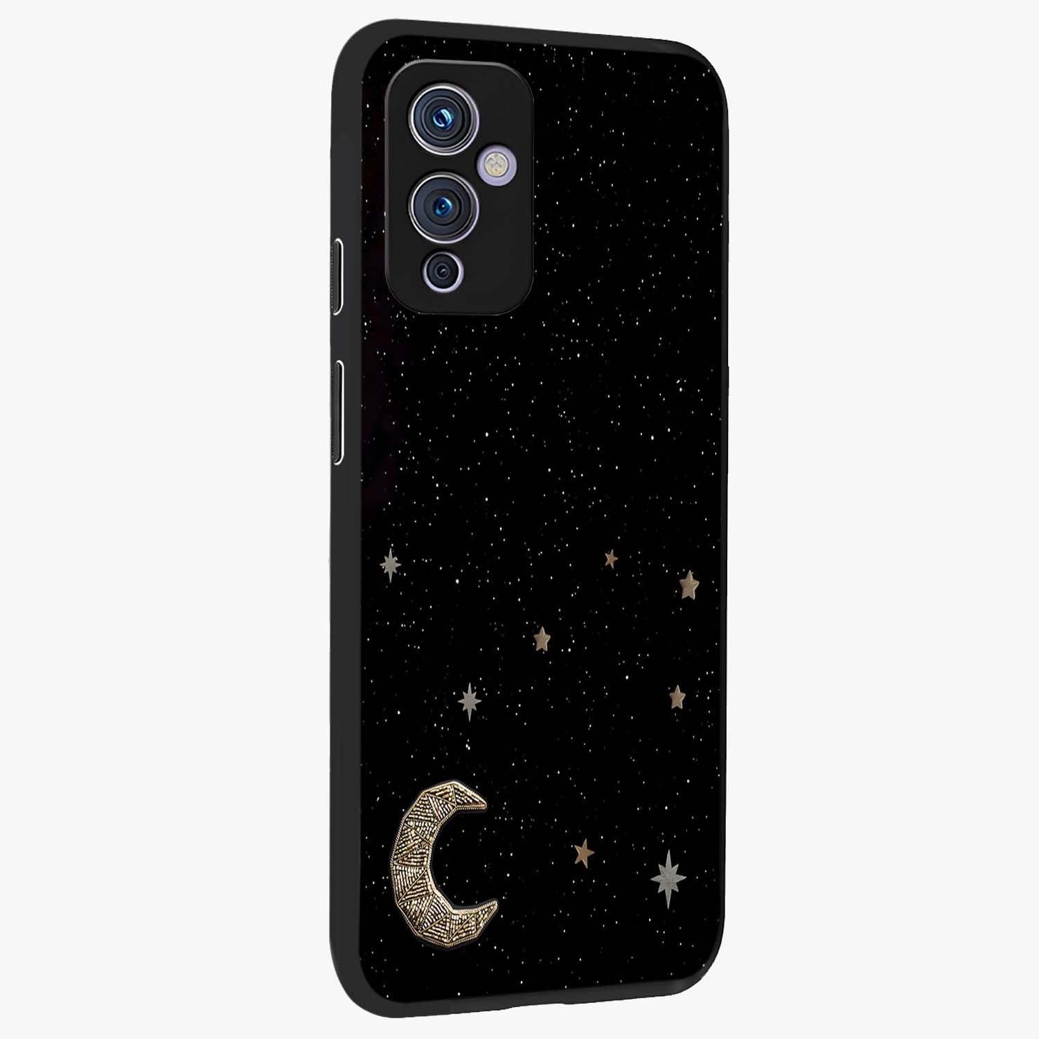 Twinkle Star With Half Moon Glass Case upright view showcasing glowing cosmic artwork with dreamy night theme.