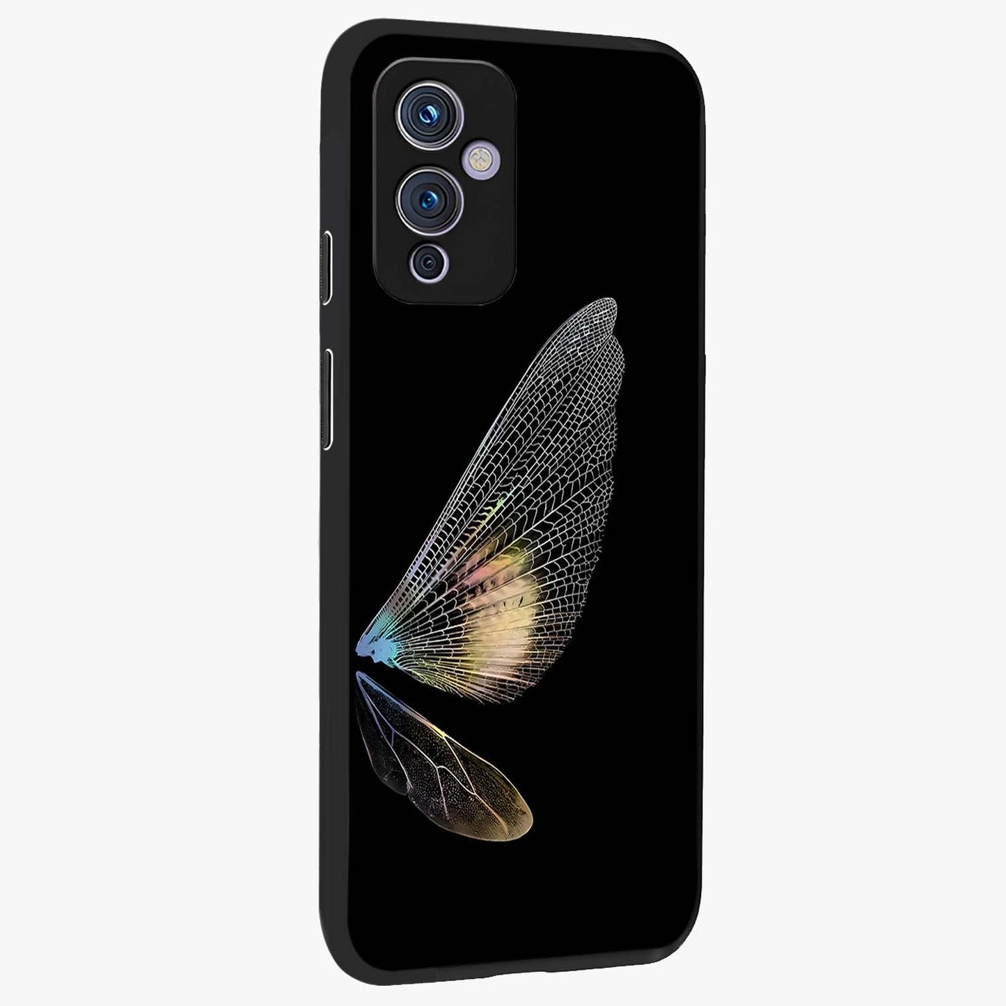 Whispers Of Wings Glass Case upright view showcasing elegant wing artwork with light airy theme.