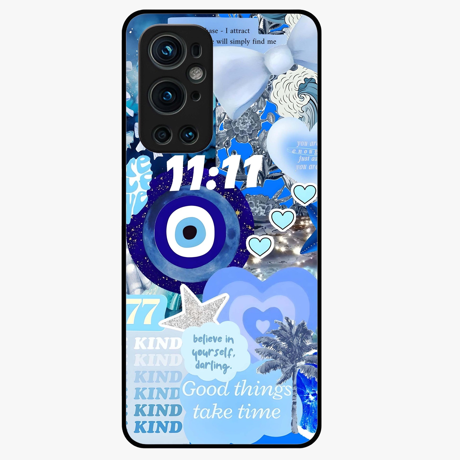 Aesthetic Be Kind Eye Glass Case showing flat back view with motivational eye artwork and glossy glass finish.
