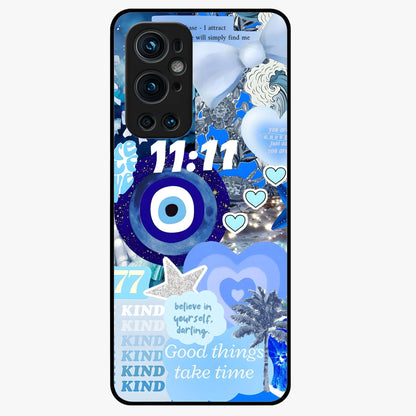 Aesthetic Be Kind Eye Glass Case showing flat back view with motivational eye artwork and glossy glass finish.
