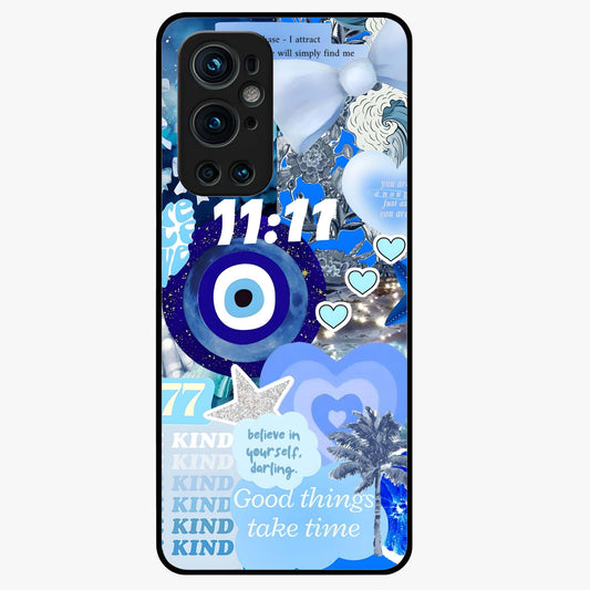 Aesthetic Be Kind Eye Glass Case showing flat back view with motivational eye artwork and glossy glass finish.