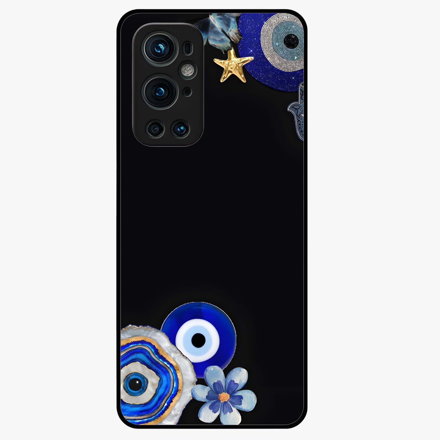 Aesthetic Blue Evil Eye Glass Case showing flat back view with protective evil eye artwork and glossy glass finish.
